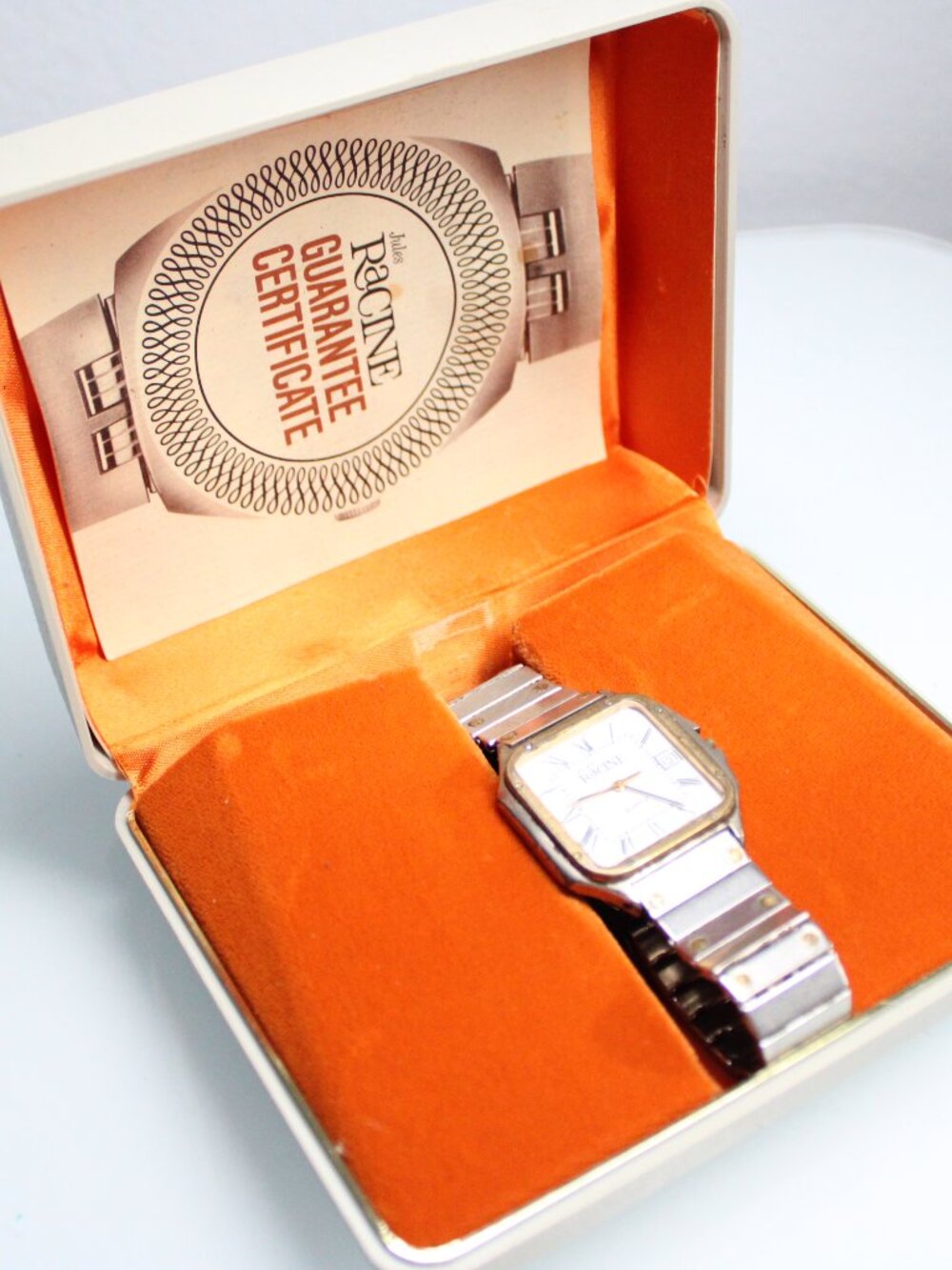 Jules Racine Quartz Watch Swiss Made Two Tone Rectangular Date Original Box - Picture 3 of 7